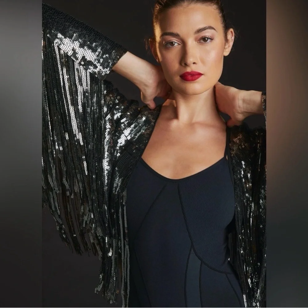 By Anthropologie Green Silver Black Sequin Fringed Jacket Large EUC Rare - Picture 5 of 10